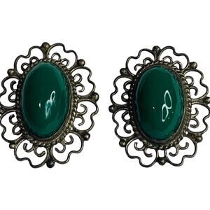 Vintage Clip On Screwback Earrings Green Silvertone Filigree 1.1 Inch